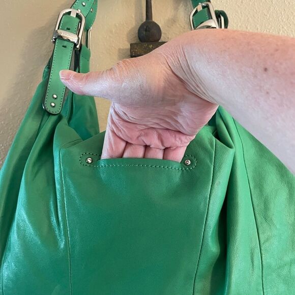 B. Makowsky Green Gorgeous Leather Leppard Print Silver Metal Studs Hobo Bag - Picture 8 of 16